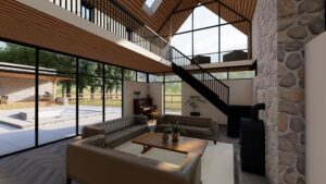 Luxury sitting room with mezzanine library and gable end, glazed balcony.